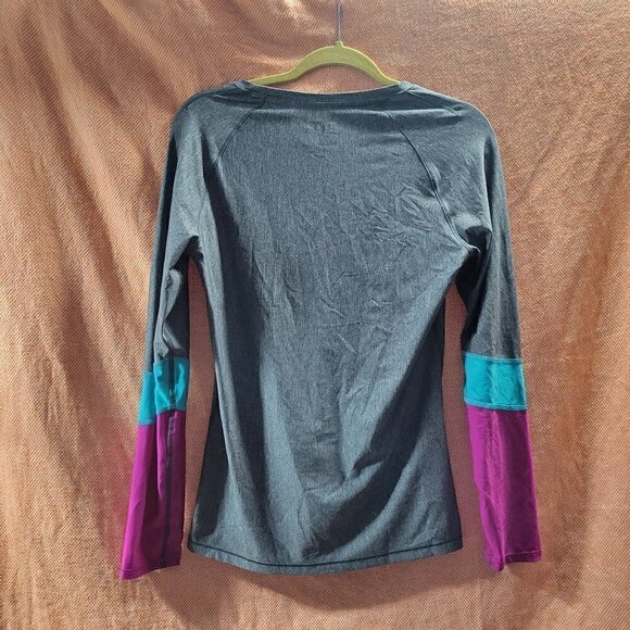 Under Armour Heat Gear Fitted Long Sleeve Tee Color Block Pink Blue Gray Medium - Picture 3 of 9